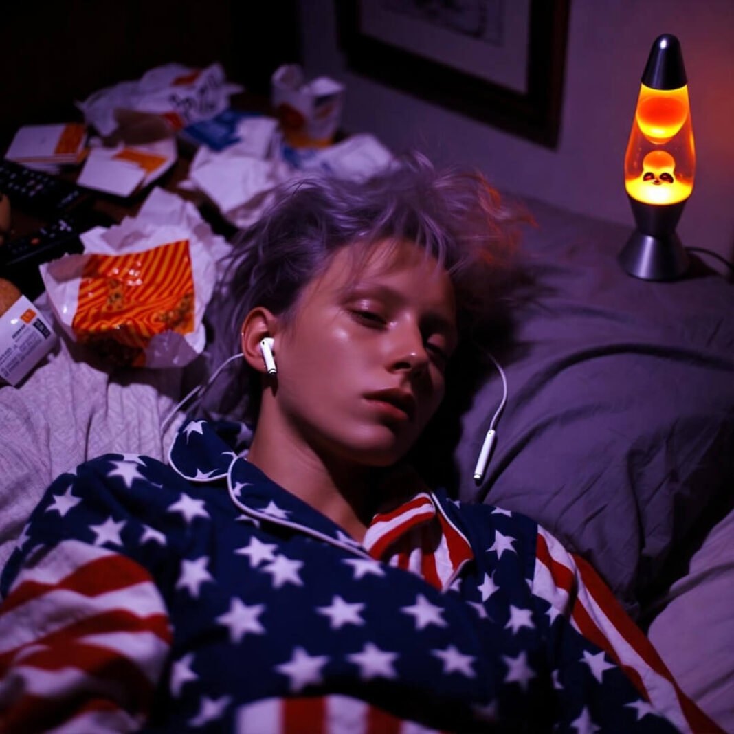 Exhausted person in flag pajamas with rogue AirPod, messy bed chaos.