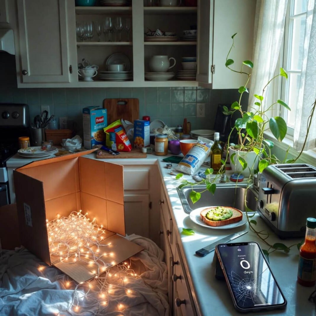 Messy kitchen counter with glowing fairy lights, cracked phone showing 