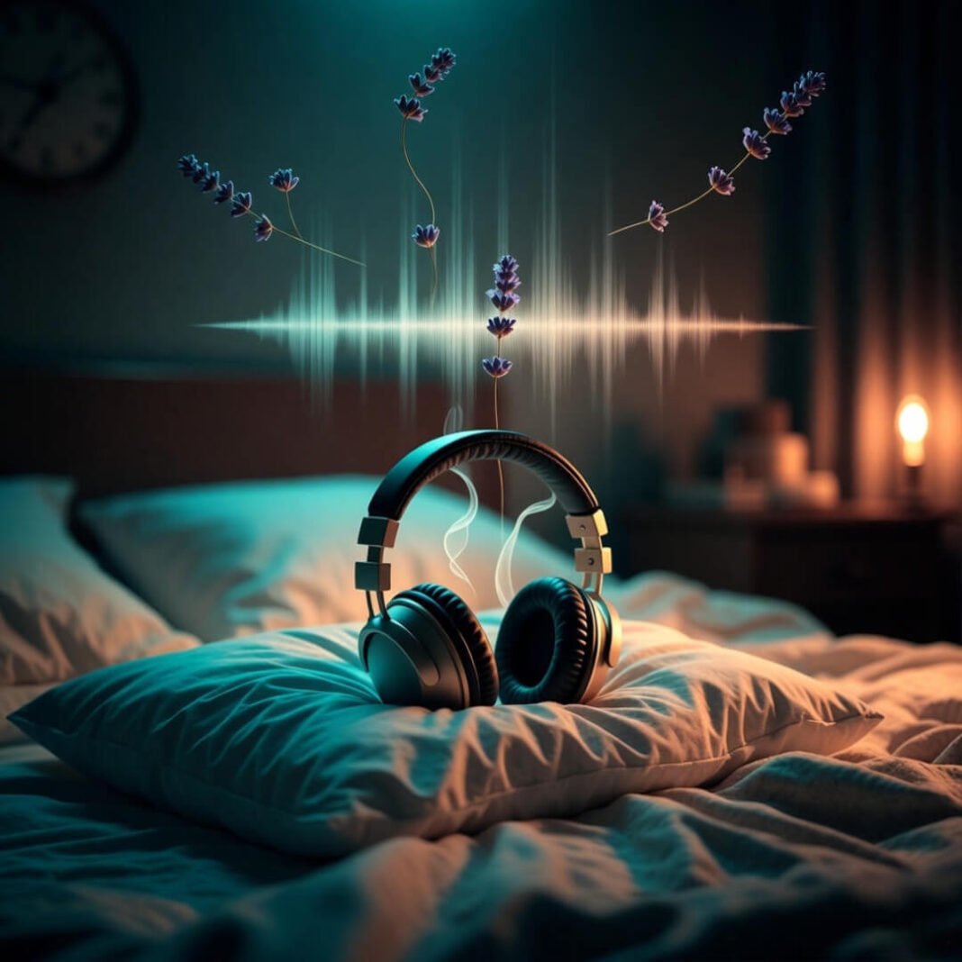 Headphones on pillow with floating lavender and sound waves.