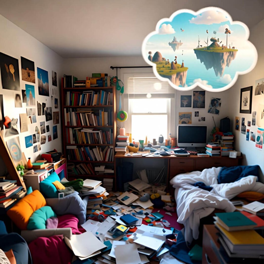 Messy apartment with dreamy thought bubble floating above