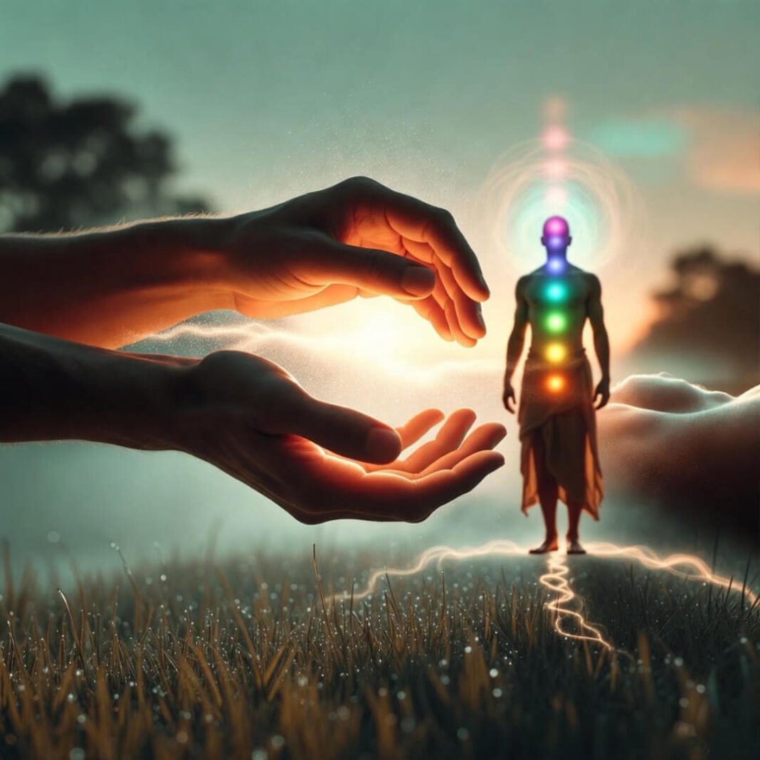 Ethereal energy healing with glowing hands and grounding roots.