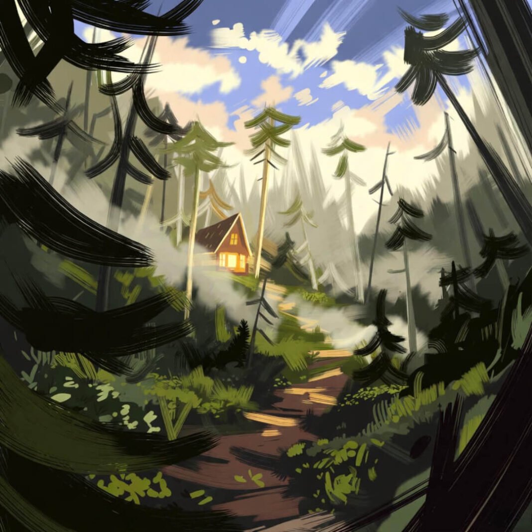 Misty forest path to spiritual retreat cabin