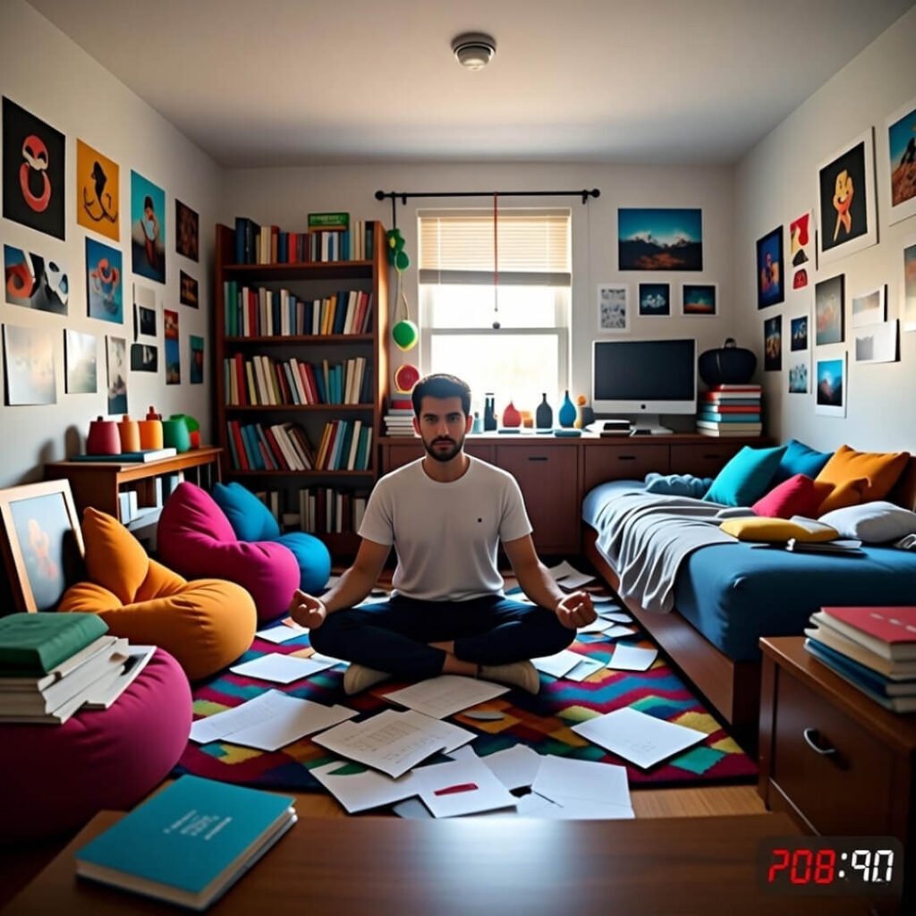 Annoyed person mid-meditation on cluttered carpet, timer visible