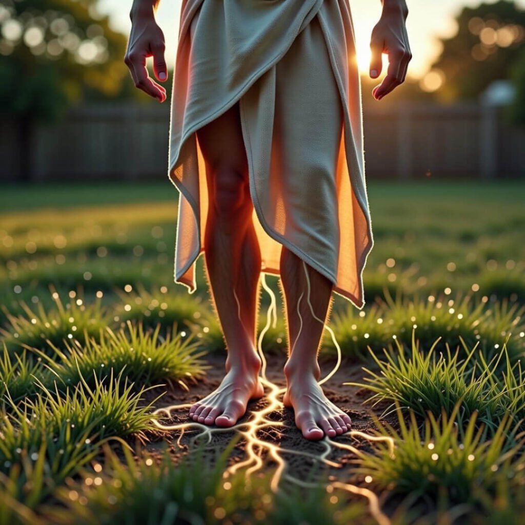 Barefoot grounding on dewy grass with energy lines.