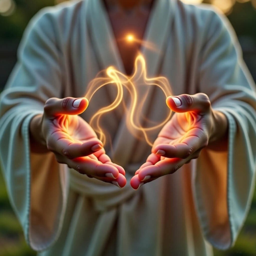 Hands channeling soft golden Reiki energy glow.