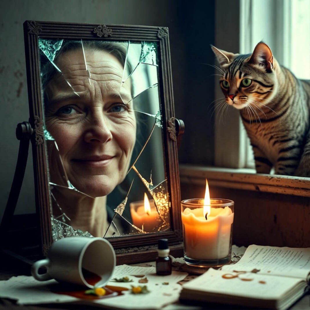 Cracked mirror reflecting smiling face, candle, cat watching.