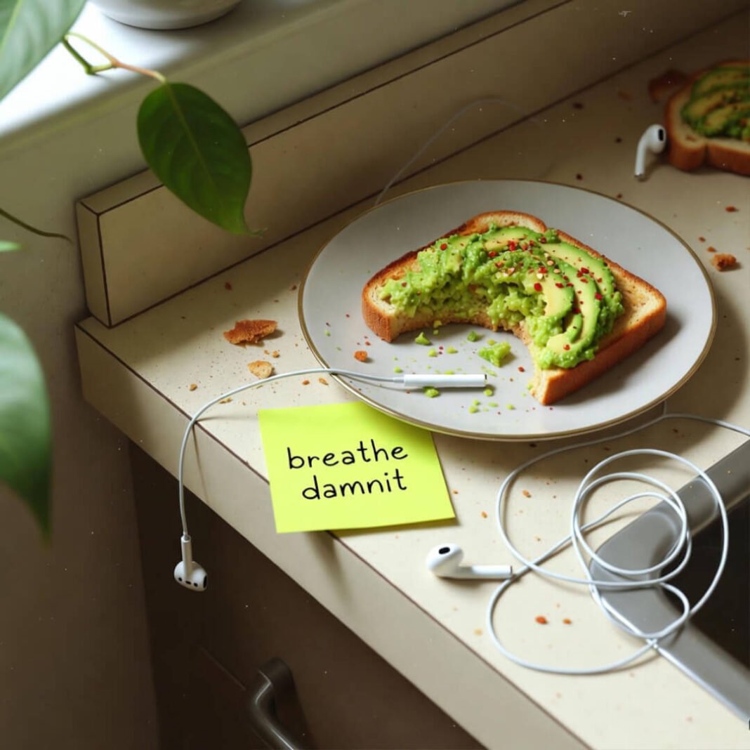 Messy kitchen counter with avocado toast and 
