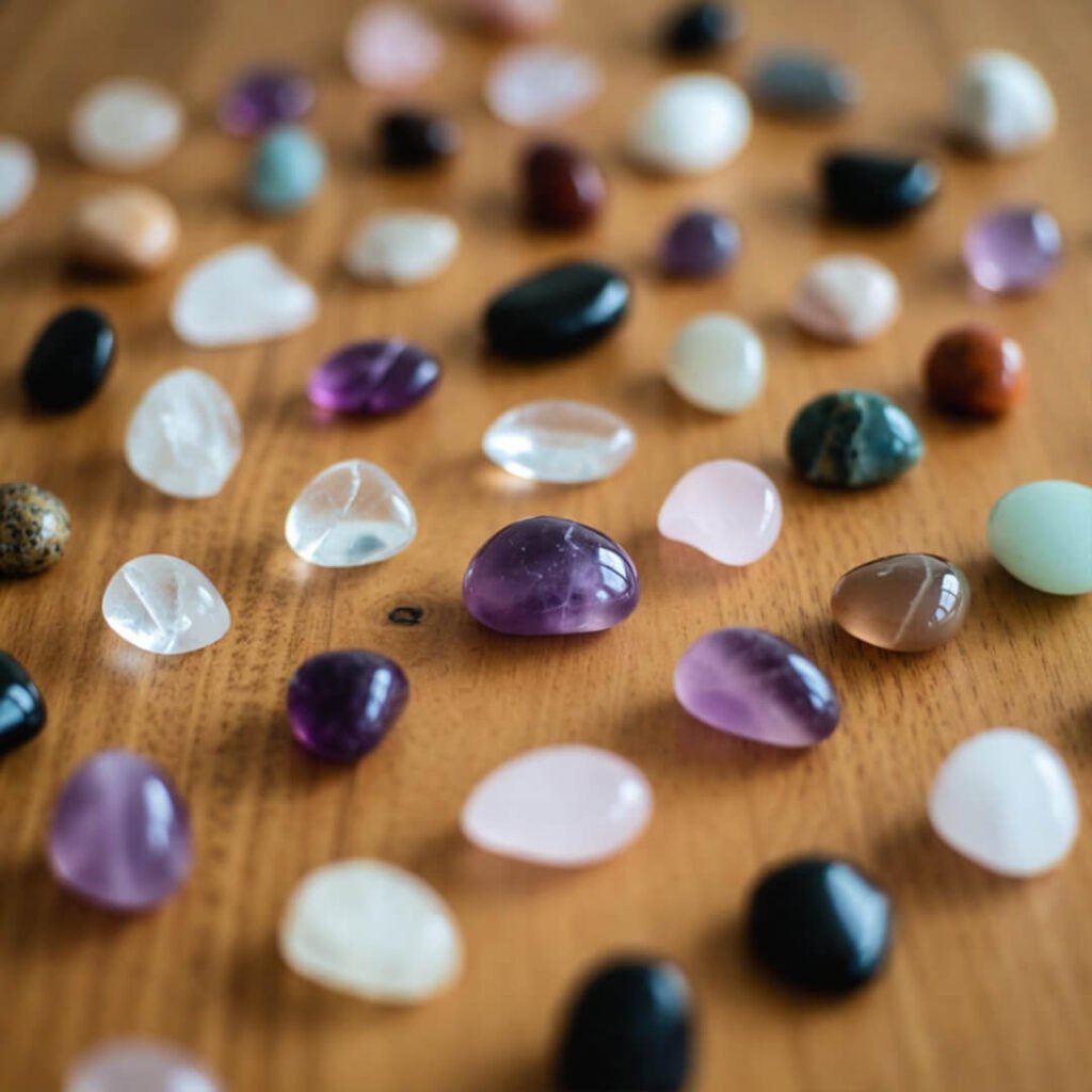 Messy beginner crystal grid on wooden table.