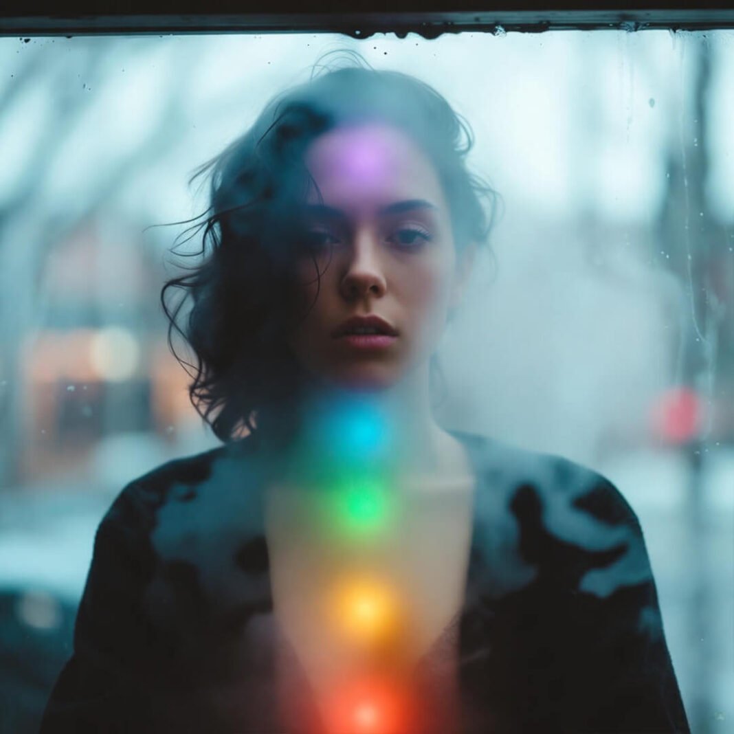 Blurry self-portrait with chakra glow in foggy window