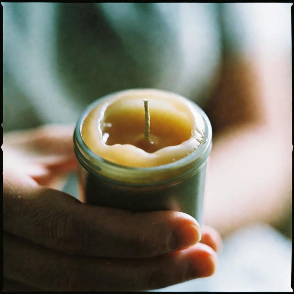Hand holding crooked cheap candle with uneven melting wax