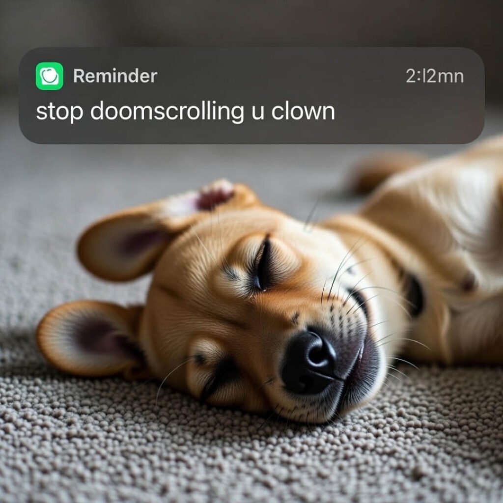 Phone reminder "stop doomscrolling u clown" over sleeping dog