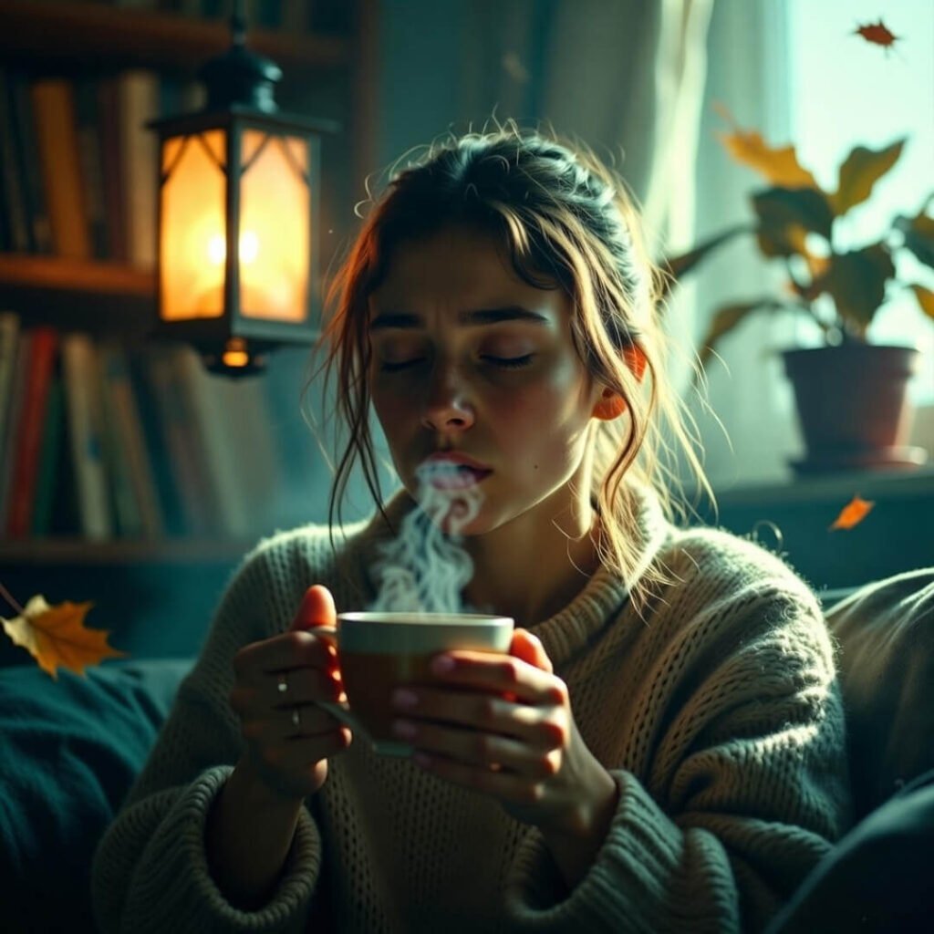 Hands holding steaming mug, deep breathing calmly.