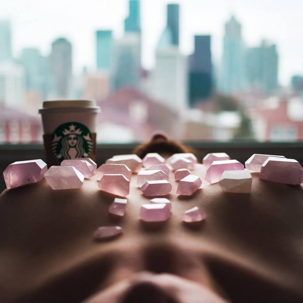 Rose quartz grid on chest with crumpled Starbucks cup