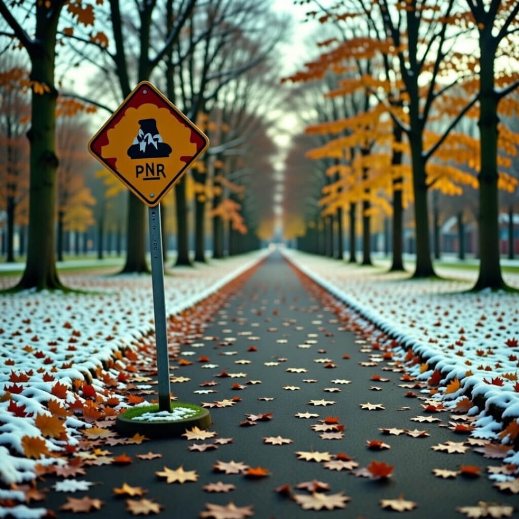 Snowy autumn park path with quirky sign.