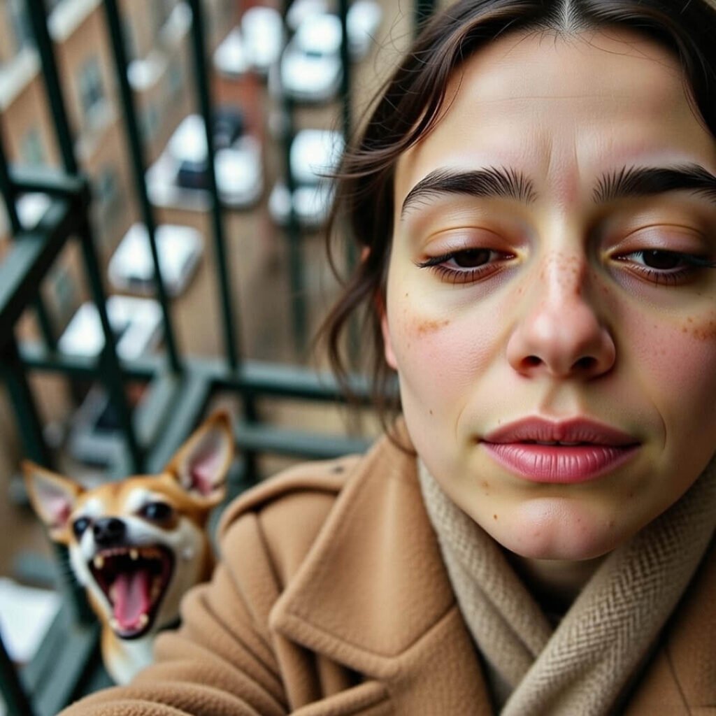 Frustrated woman on snowy fire escape with screaming chihuahua