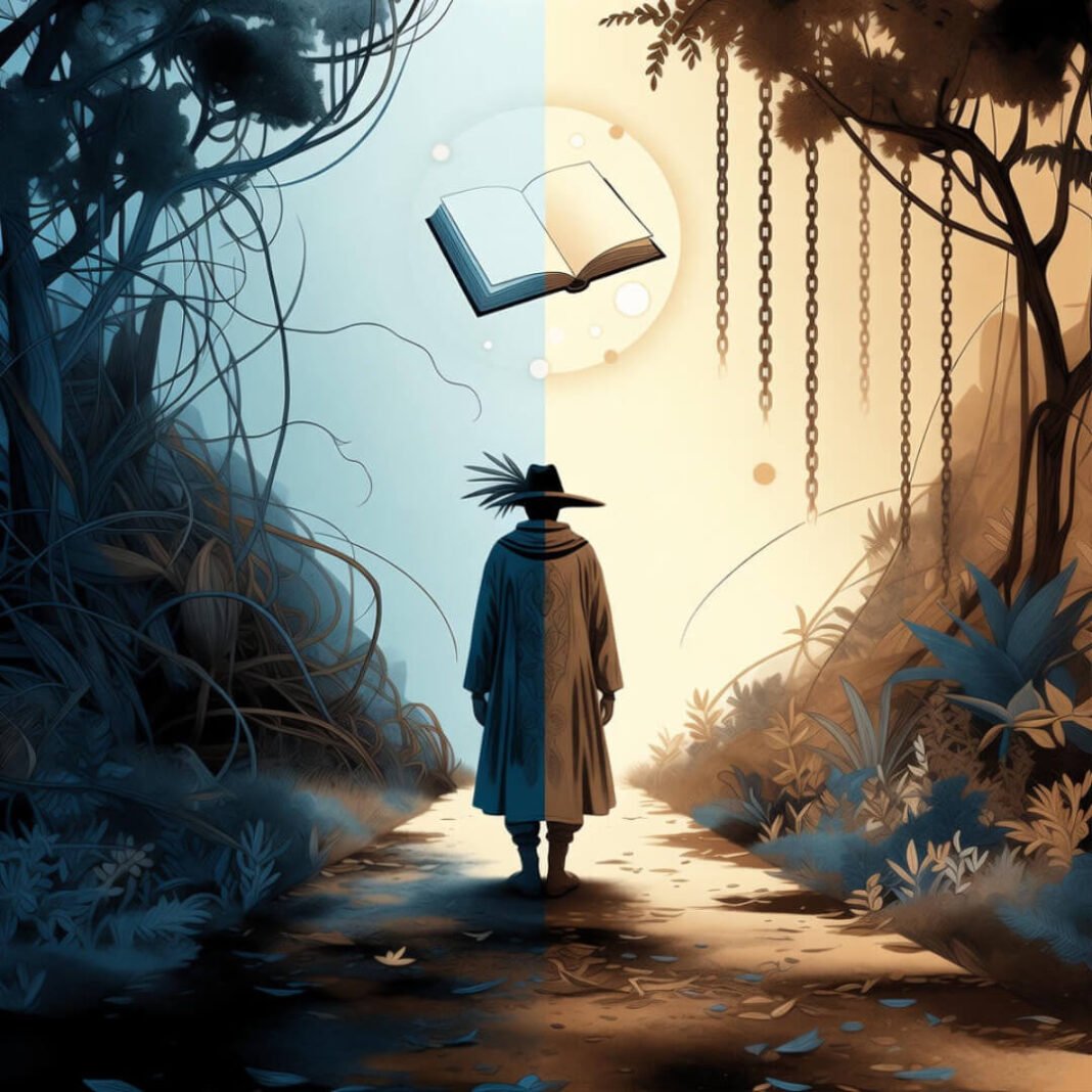 Solitary figure at crossroads choosing light over chaos.