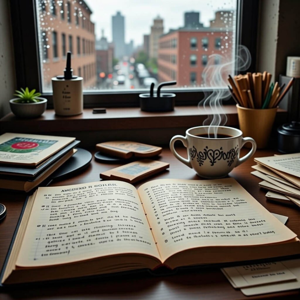 Cozy cluttered desk with journal and rainy city view.