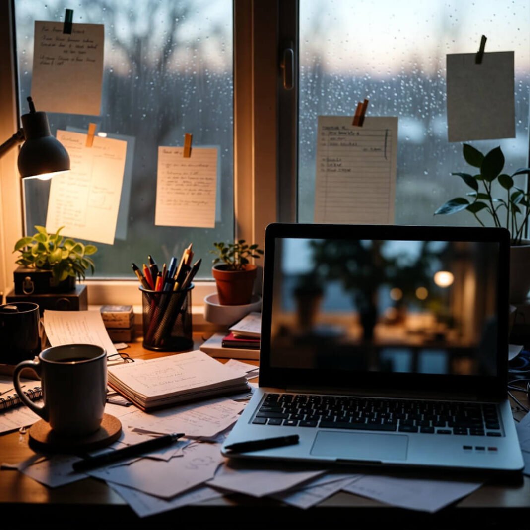 Cluttered dawn desk, rainy window, coffee and goals.