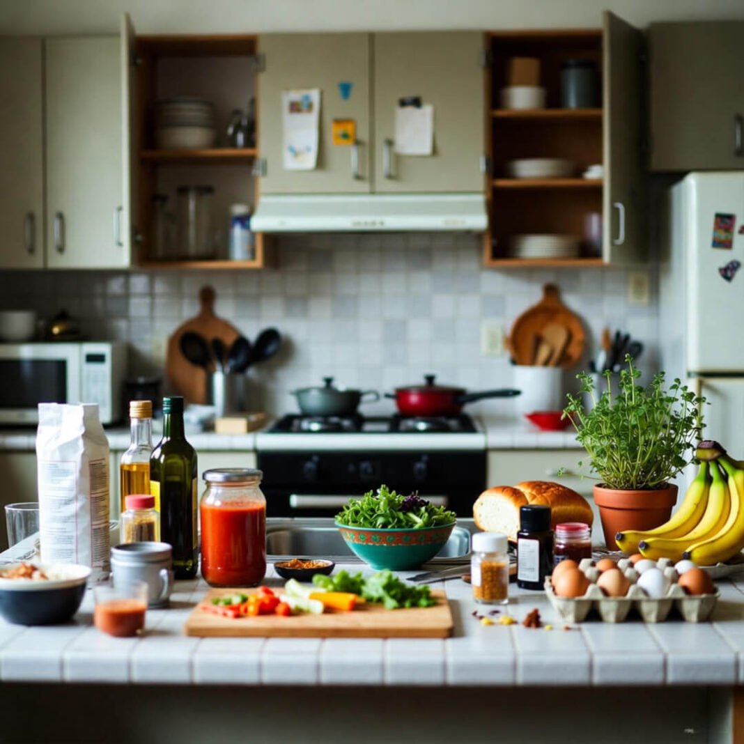 Cluttered kitchen counter with half-hearted zen attempt