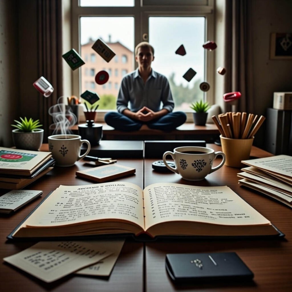 Meditating person as room shifts from chaos to calm.