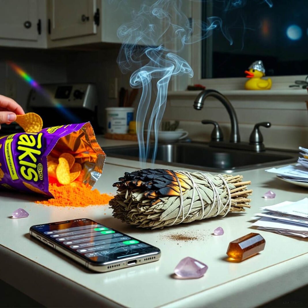 Cluttered kitchen counter with smoking sage, Takis, and tinfoil-hat duck