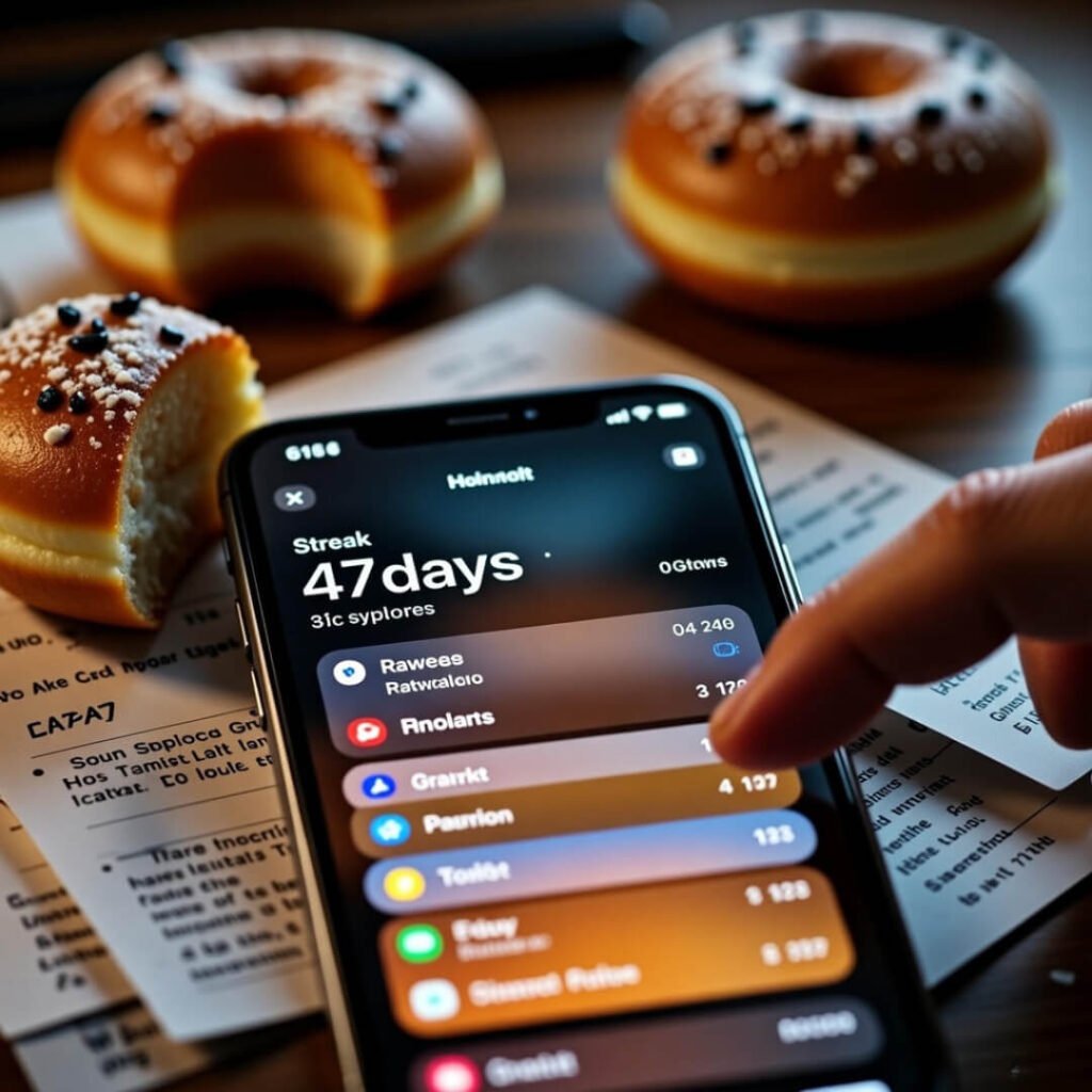 Messy phone with 47-day streak and half-eaten donut.