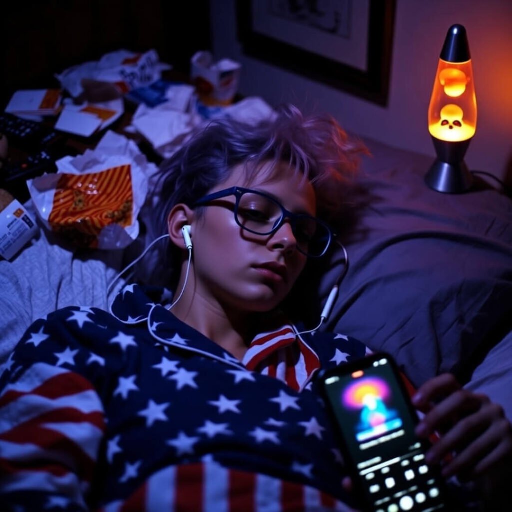 Grainy 2:17 a.m. selfie, crooked blue-light glasses, annoyed yet hopeful face