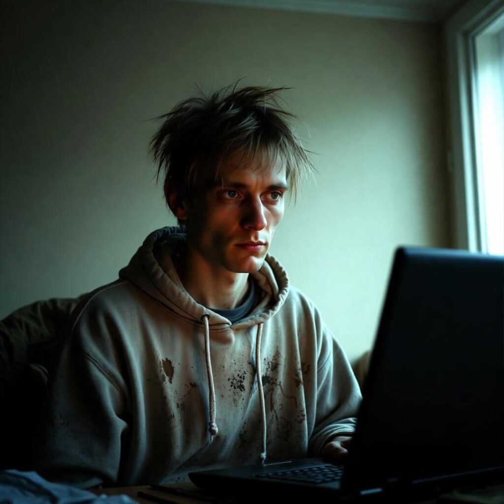 Tired person in stained hoodie staring blankly at laptop in dim room.