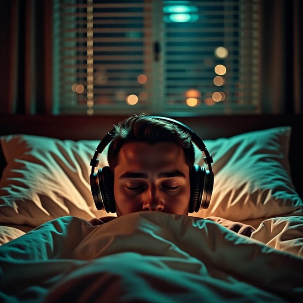Man relaxing in bed with headphones and city lights.