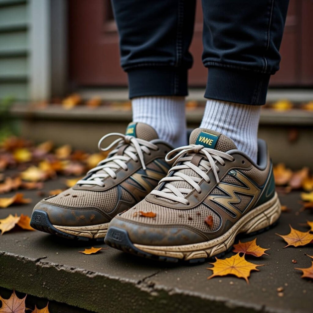 Muddy worn running shoes, untied lace, autumn leaves.