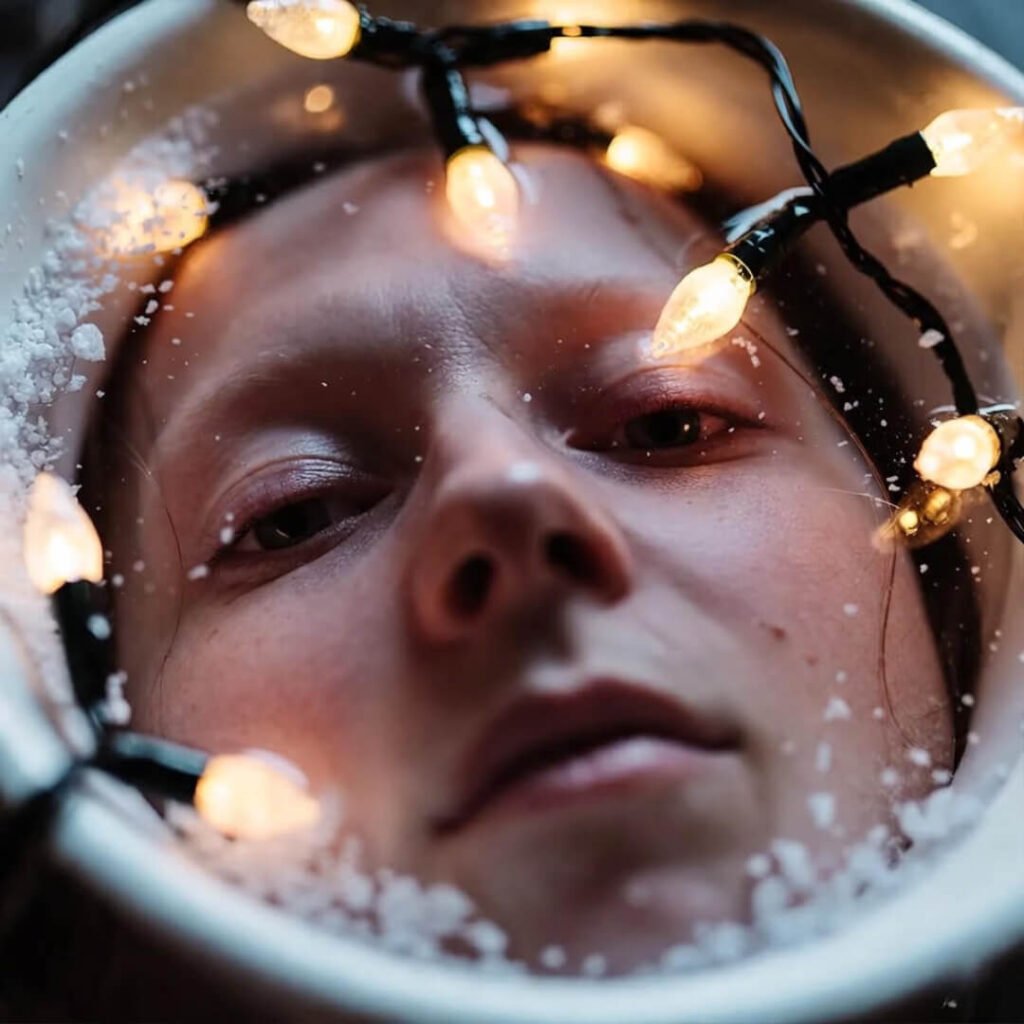 Tired face reflected in salty bowl, half-lit fairy lights