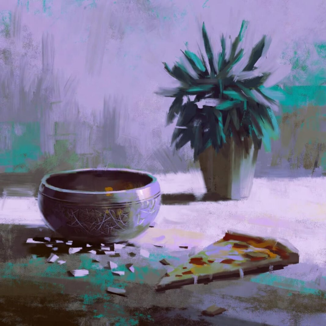 Cracked singing bowl, vibrant plant, and abandoned pizza slice in soft impressionist style.