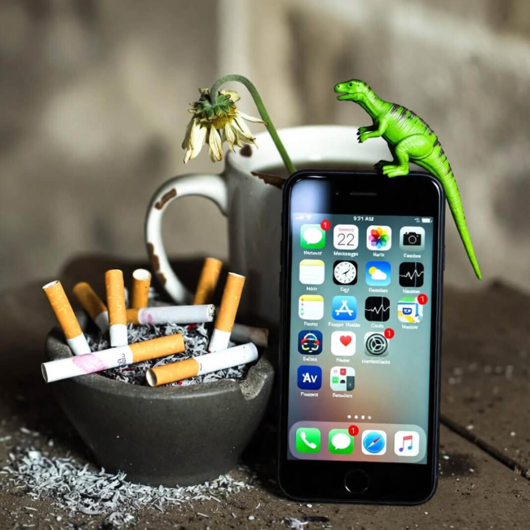 Overfilled ashtray, wilted daisy, tiny judgmental dinosaur on phone