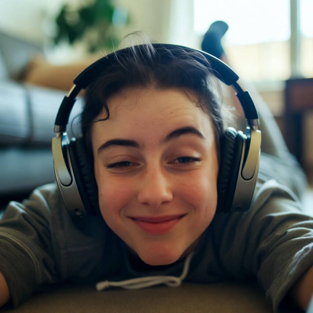 Young person lying down with headphones, eyes half-closed, peaceful yet confused expression.