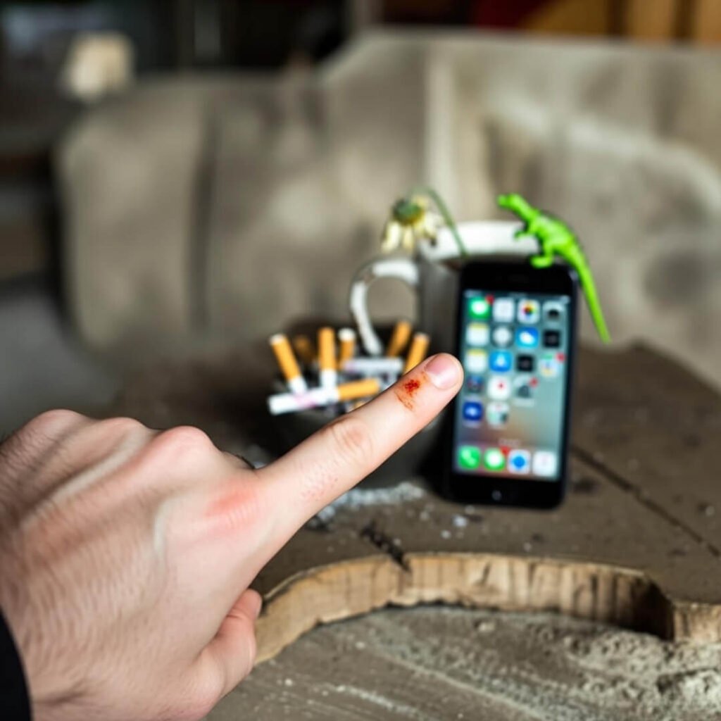 Blurry hand pointing with greasy pizza-stained finger in living room
