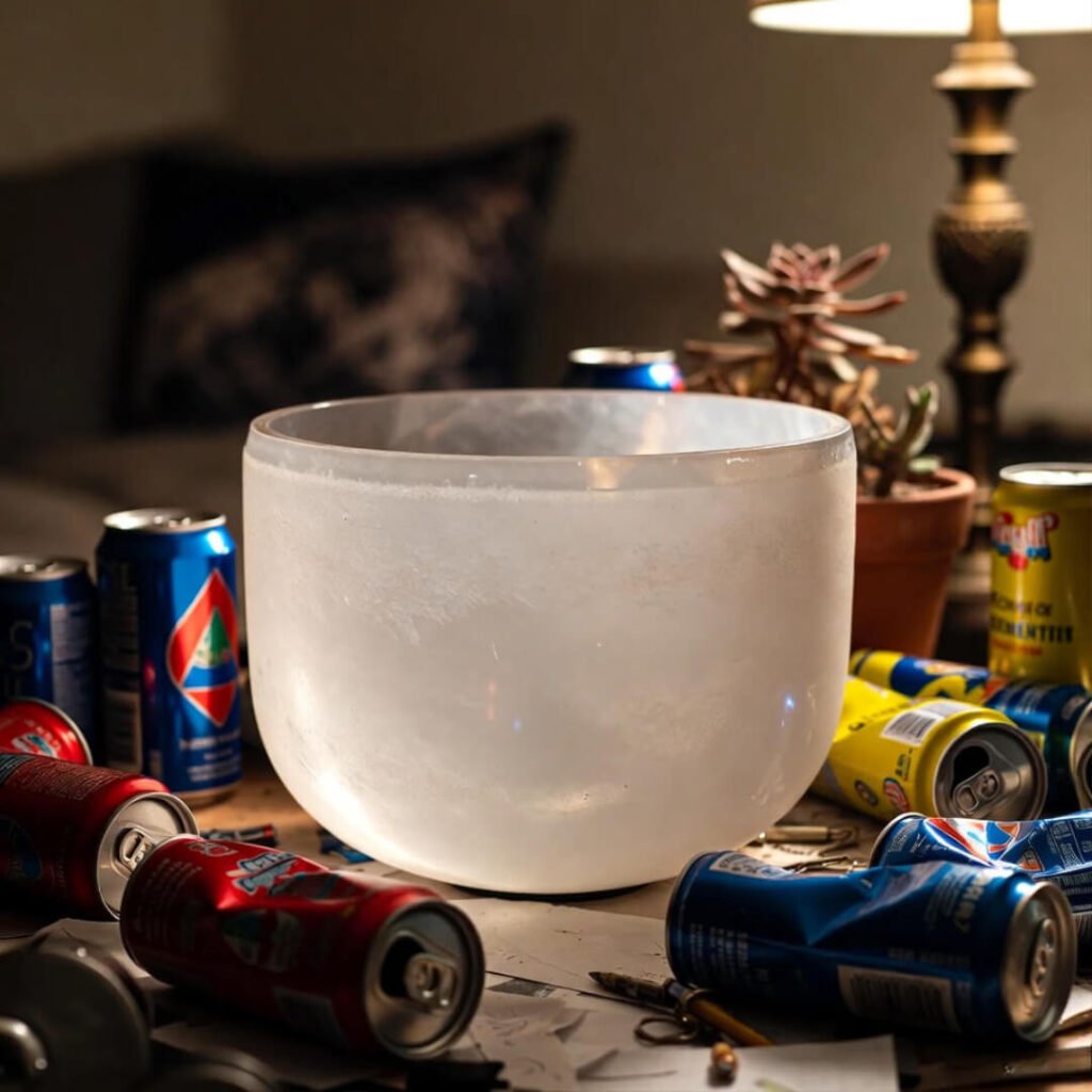 Grainy photo of crystal singing bowl on messy table with empty energy drink cans and wilted succulent.