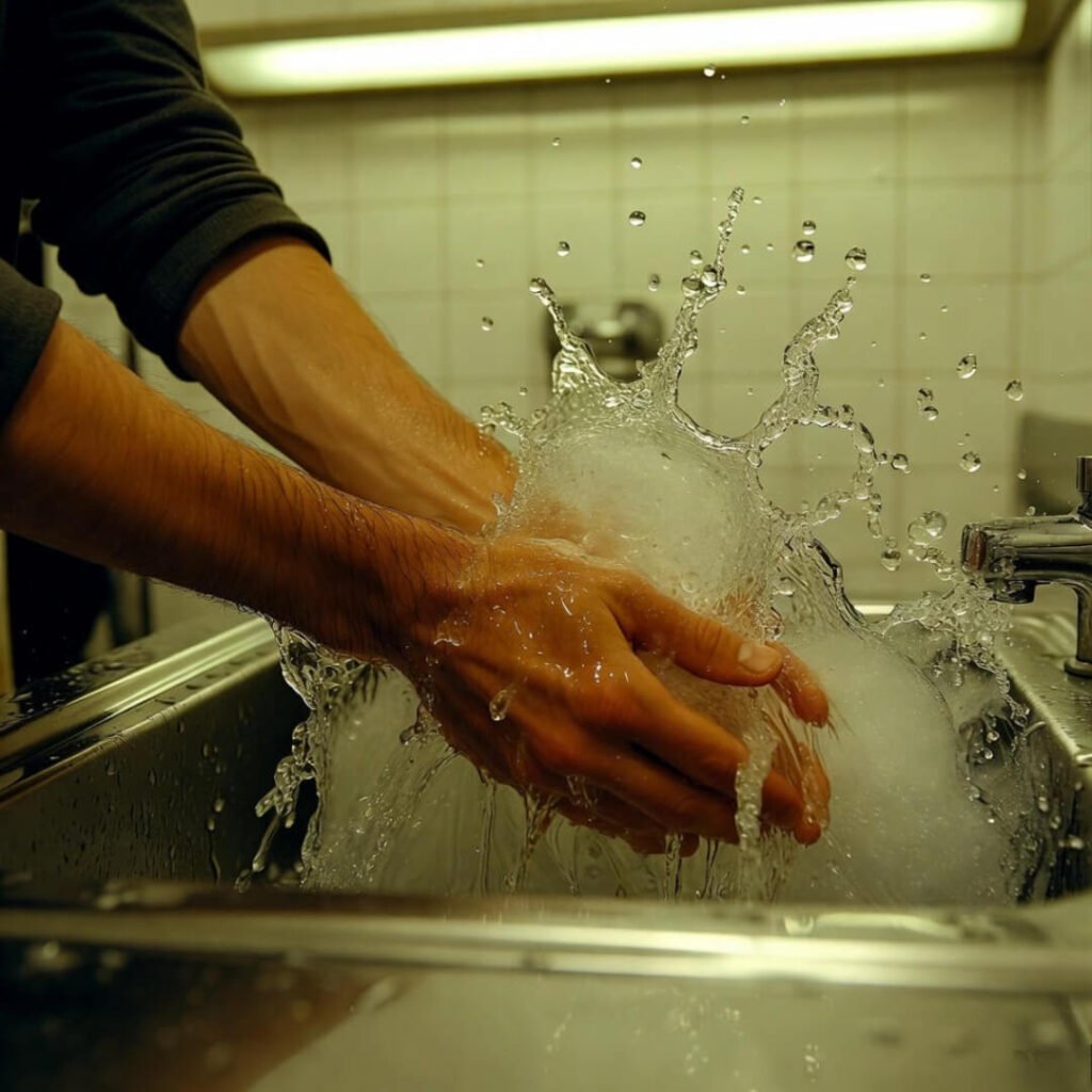 Icy water splashing on wrists under sickly yellow restroom light