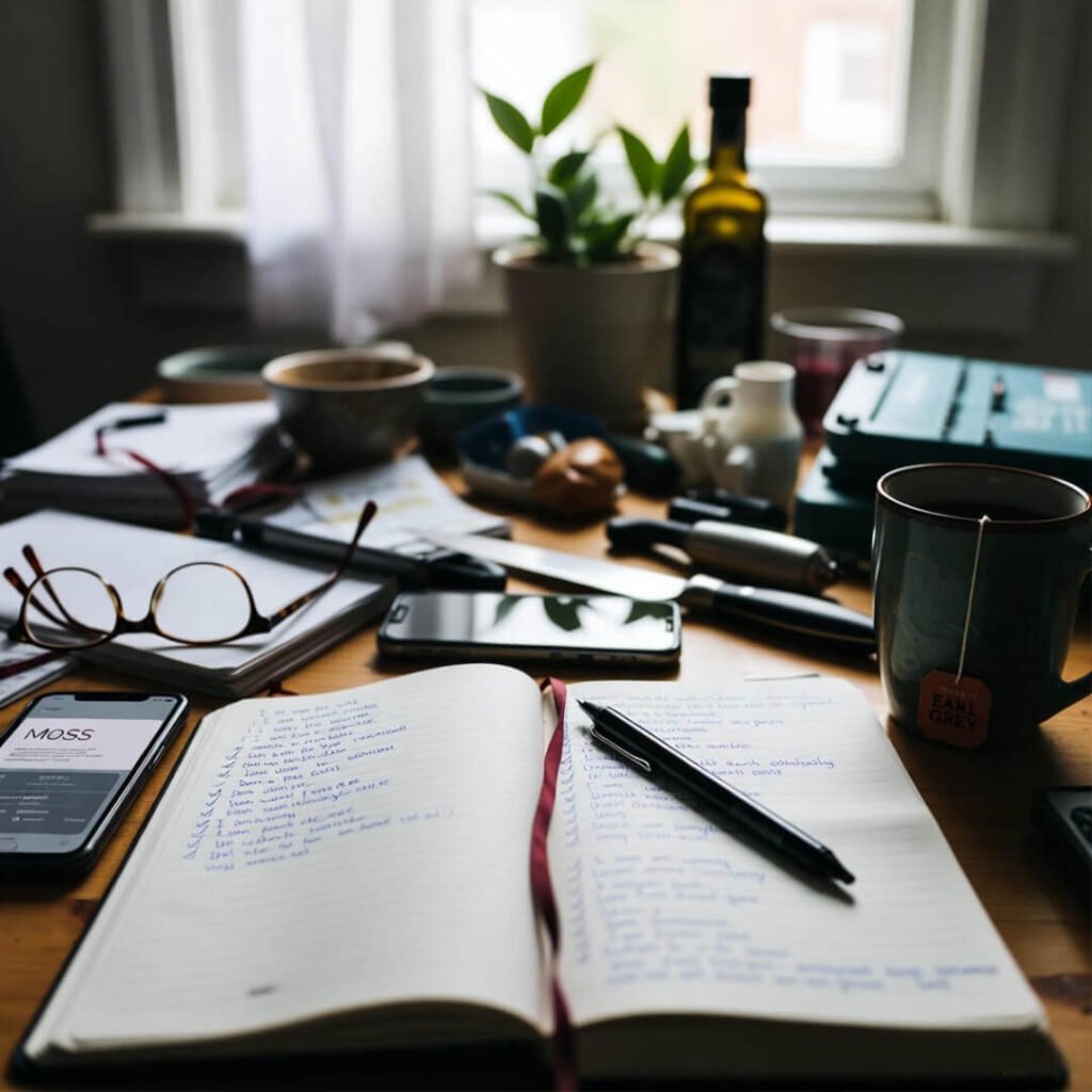 Messy journal scribbling affirmations on cluttered table.