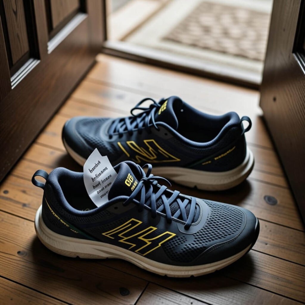 Running shoes with crumpled affirmation note by door.