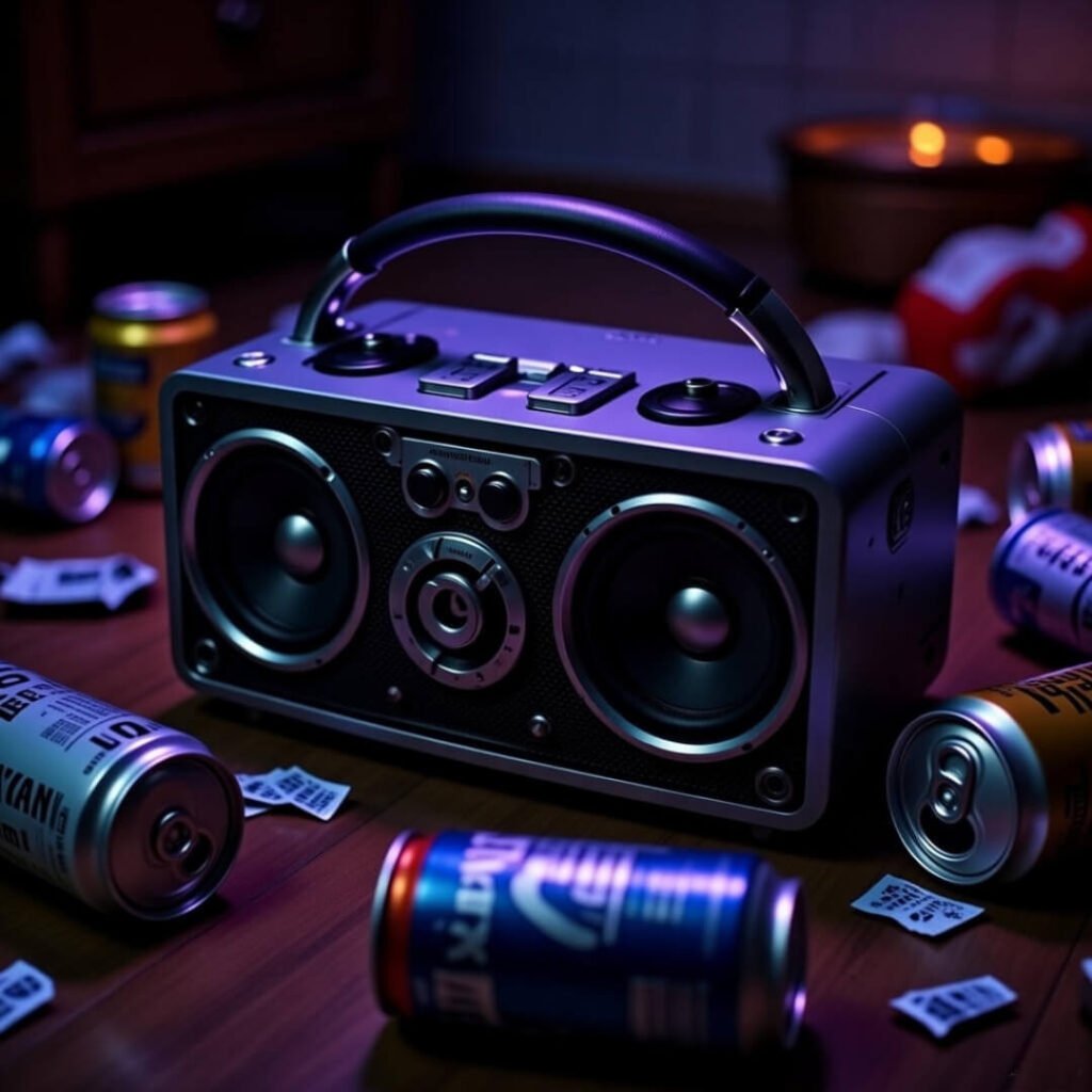 Tilted ancient Bluetooth speaker on floor, surrounded by empty energy drink cans.
