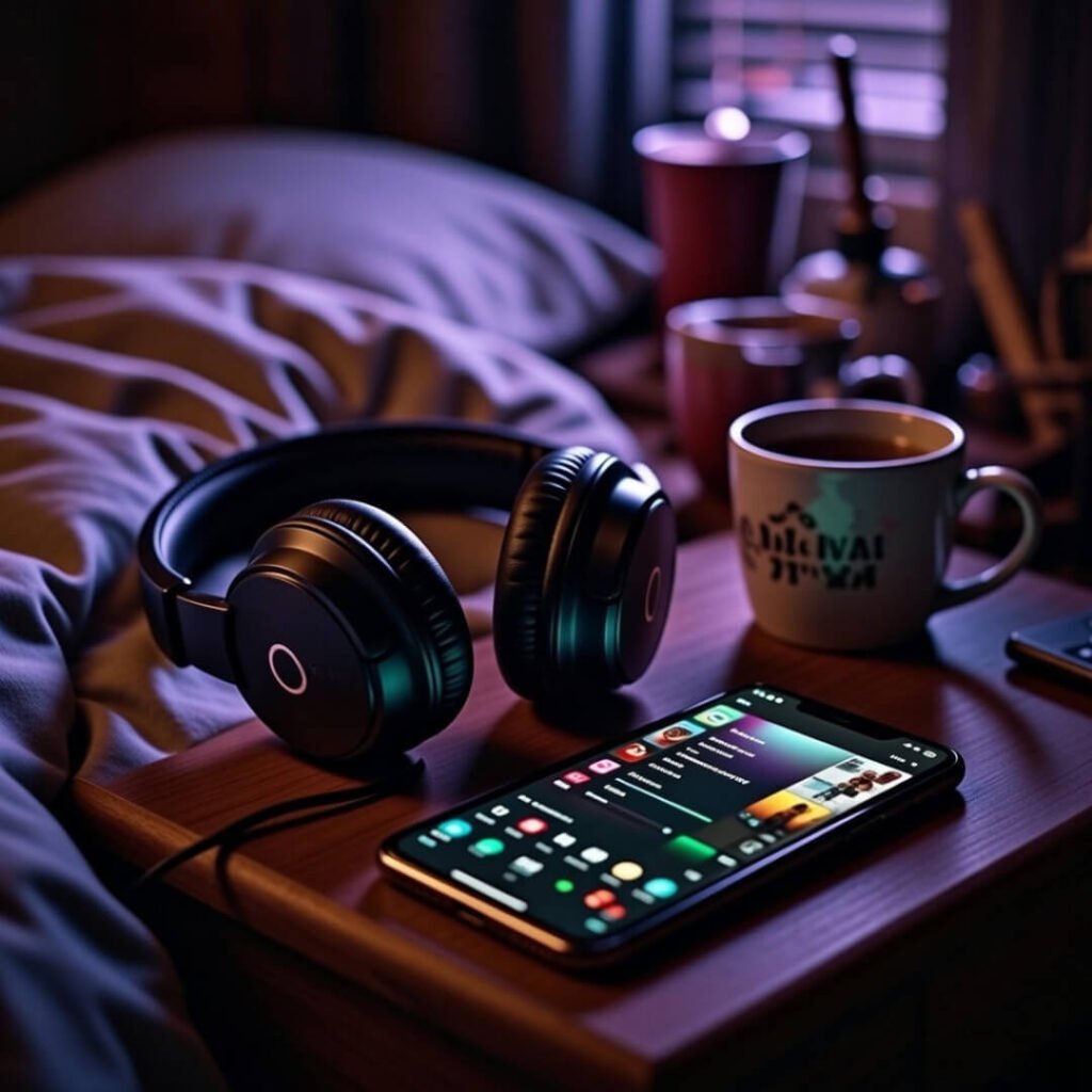 Messy nightstand with headphones, phone playlist, and tea.