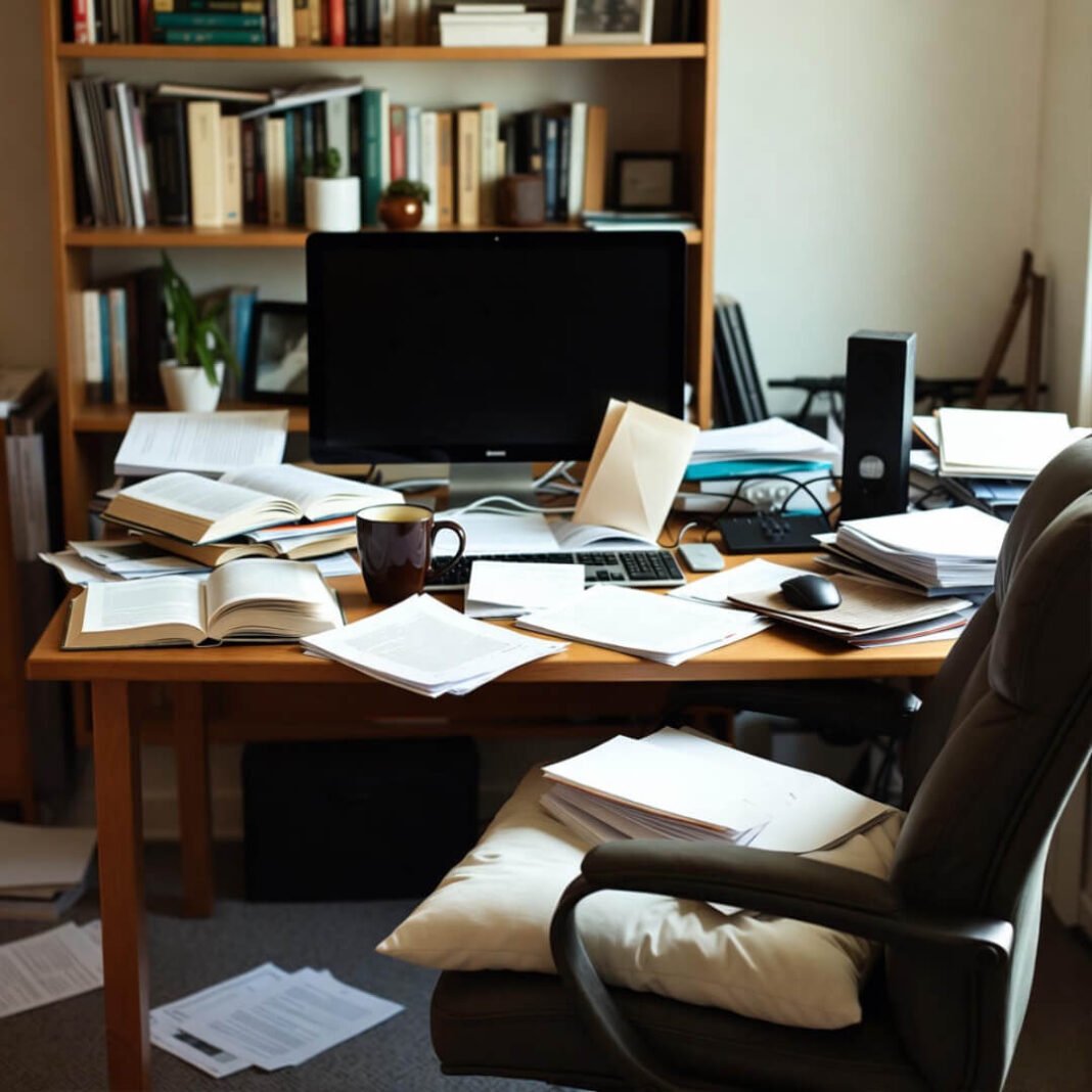 Cluttered desk with piled papers and unread emails