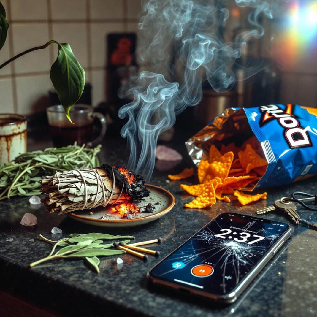 Messy sage smudge with Doritos and cracked meditation timer