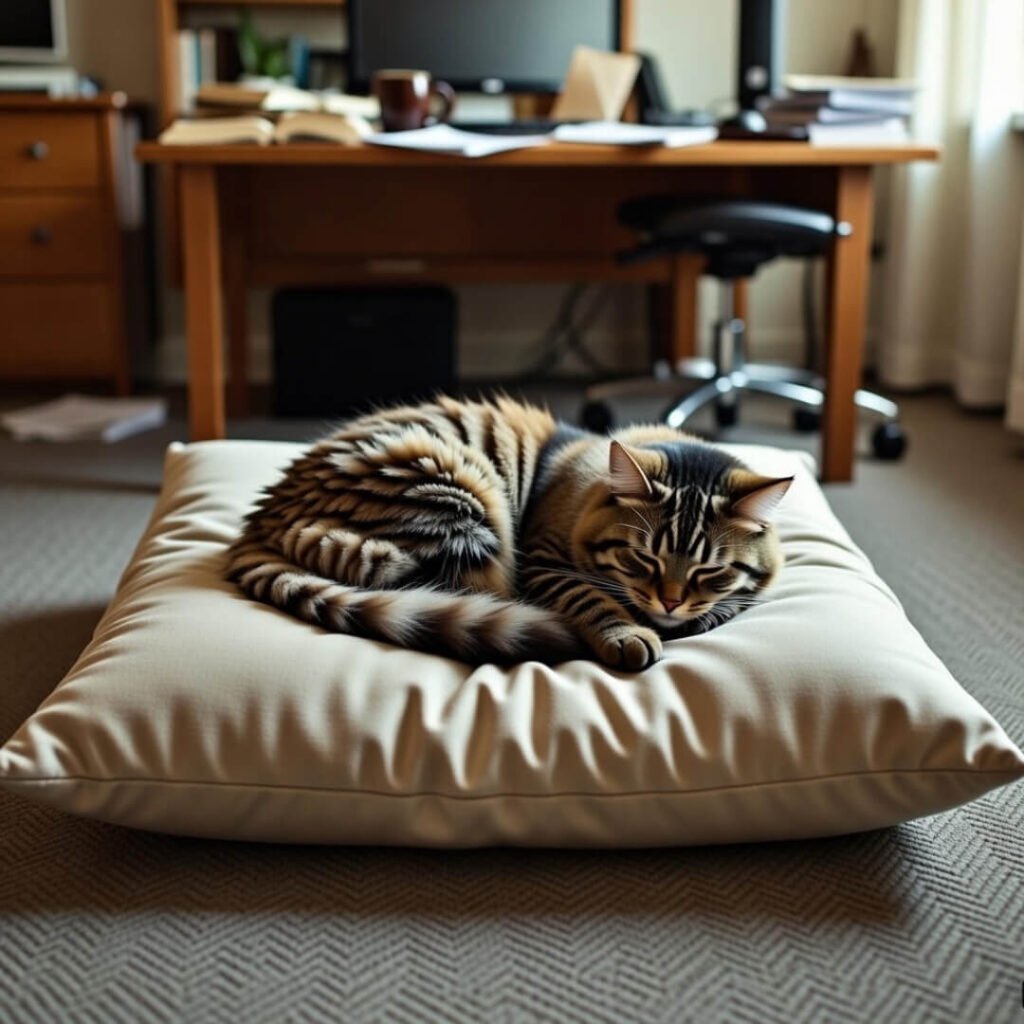Tabby cat curled asleep on round blue meditation cushion