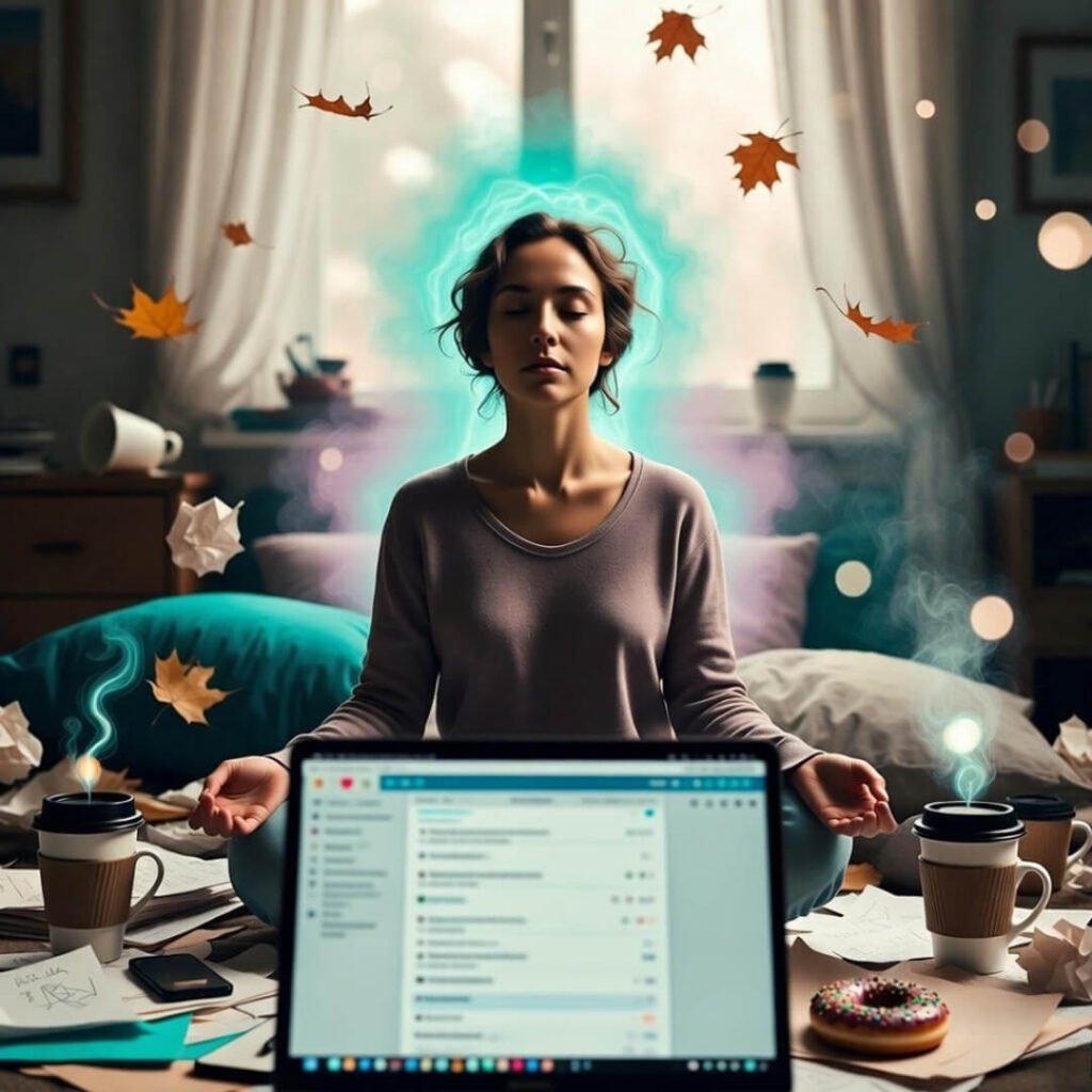 Meditating on bed surrounded by coffee and emails.