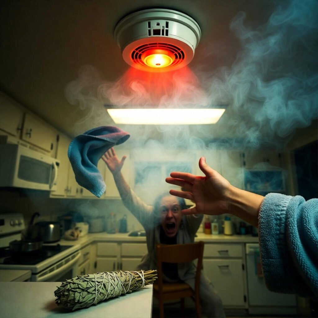 Panicked smudging disaster, waving towel at blaring alarm