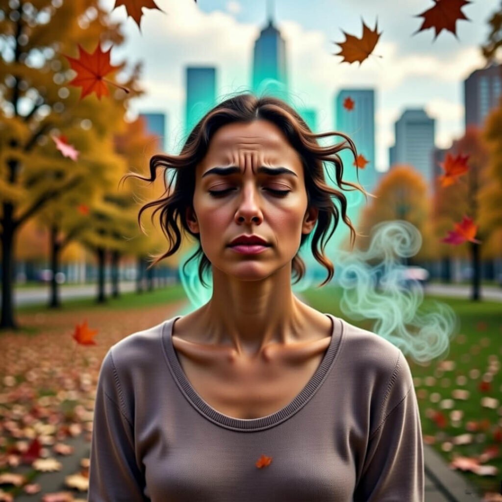 Deep breathing outdoors with city skyline and leaves.