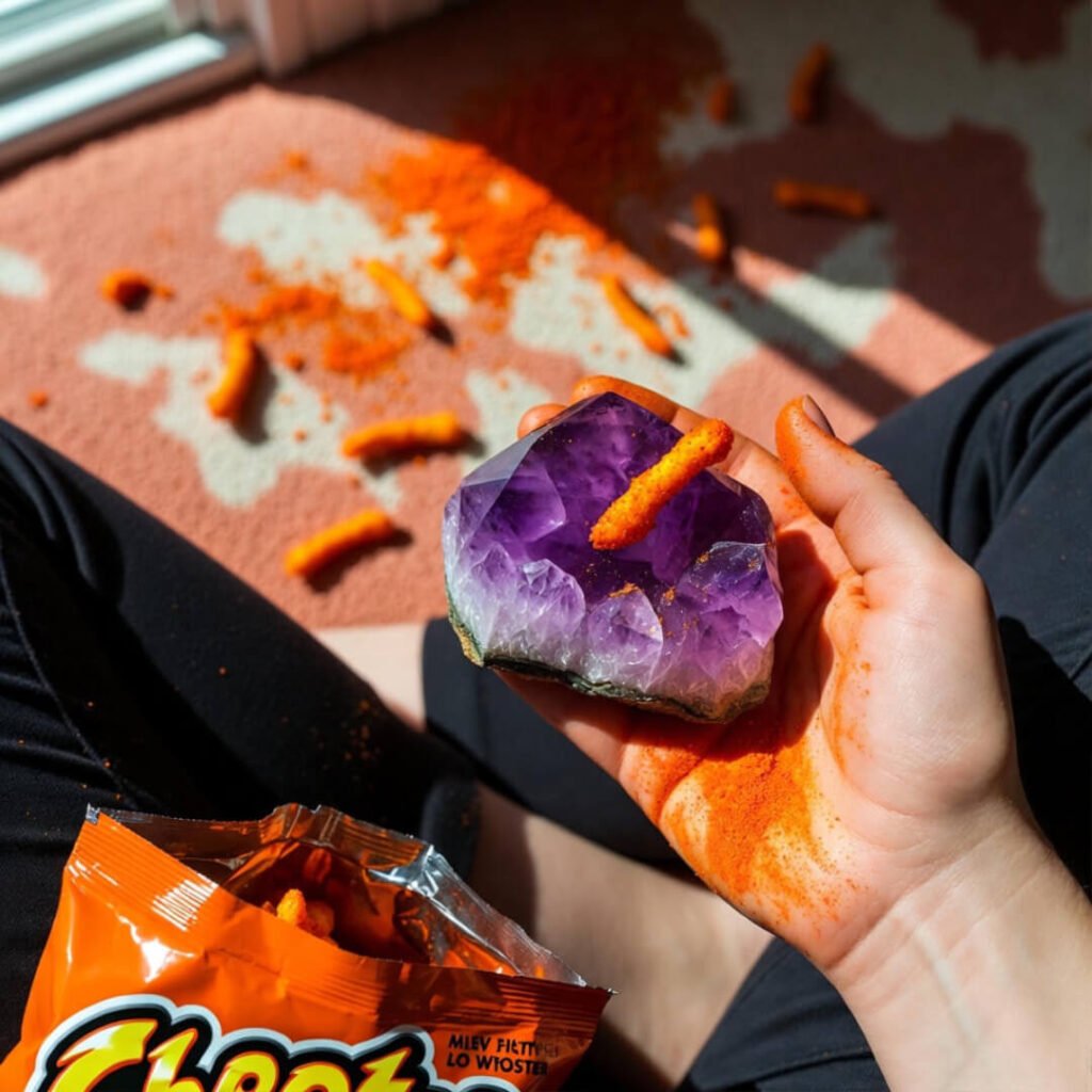Cheeto-dusted amethyst crystal on stained carpet during grounding