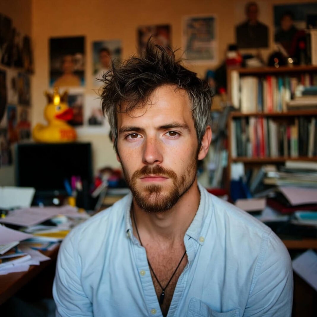 Slightly embarrassed guy attempting zen pose in messy room with rubber duck