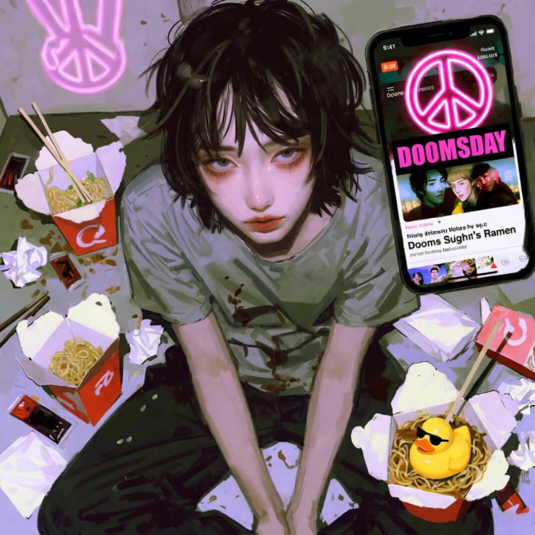 Messy apartment meditation with ramen duck and neon peace sign